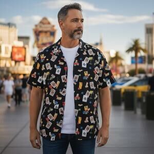 Vintage Vegas Shirt XL Button Up Hawaiian Casino Gambling Poker Cards Game Night